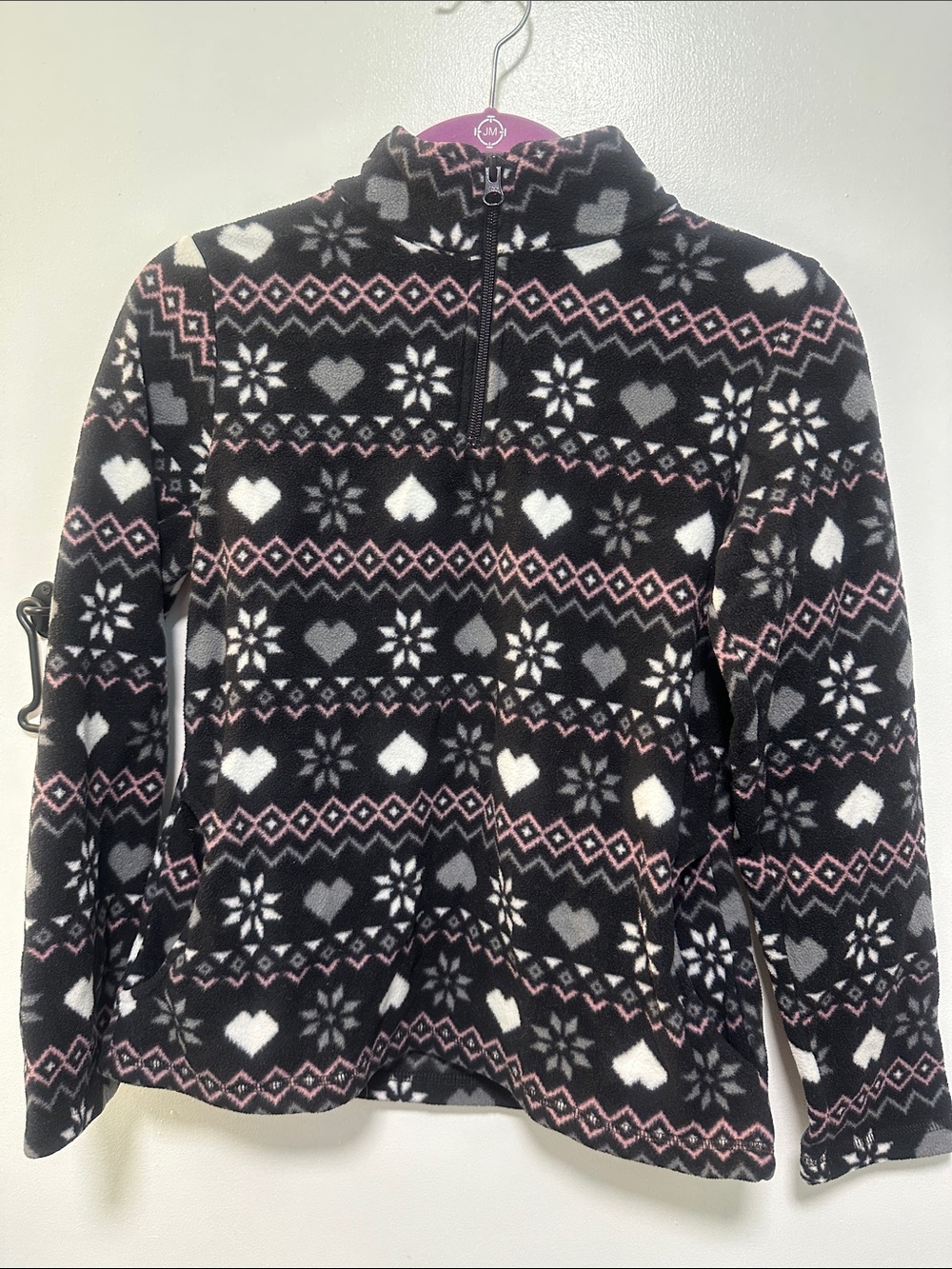 Kids Place Black Fleece Pullover with Pink, White & Gray Fair Isle size XL / 14